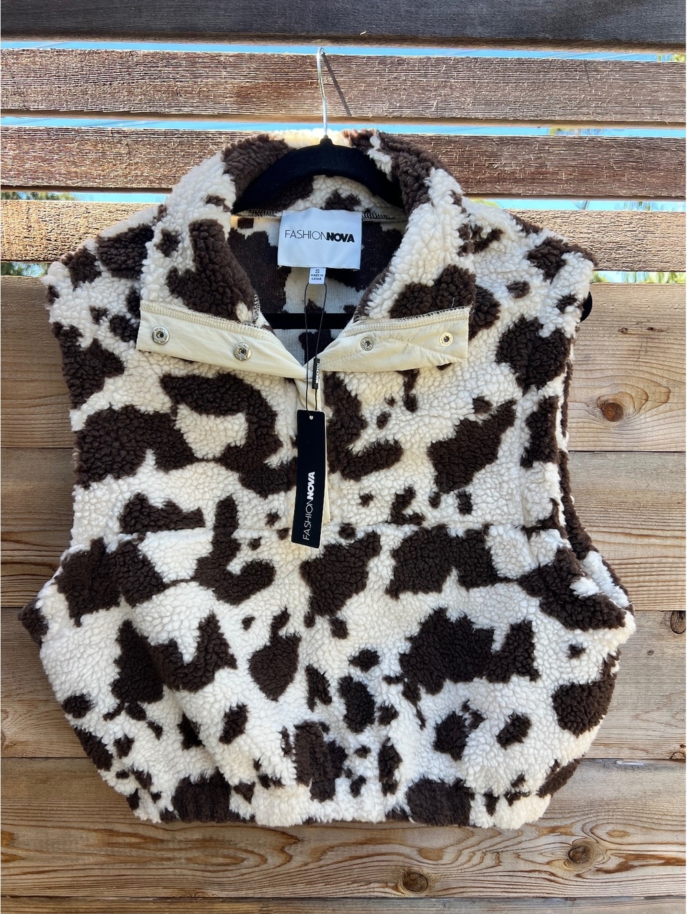 Fashion Nova Women's Small Brown and White Cow Print Sherpa Vest NWT